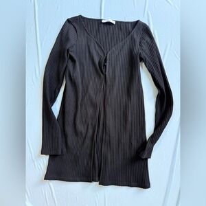Mango‎ Black Ribbed Long Sleeve Button Front Top Size S